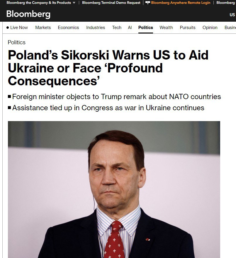 САЩ и съюзниците ще бъдат изправени пред „дълбоки последствия“, ако Конгресът не одобри помощ за Украйна – полският външен министър Радослав Сикорски