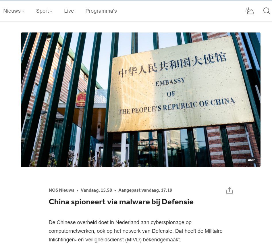 Службата за военна сигурност и разузнаване на Нидерландия (MIVD) заяви, че китайското правителство осъществява кибершпионаж в компютърните мрежи на Нидерландия. Следи от злонамерен софтуер са открити дори в системата на Министерството на отбраната на страната – NOS