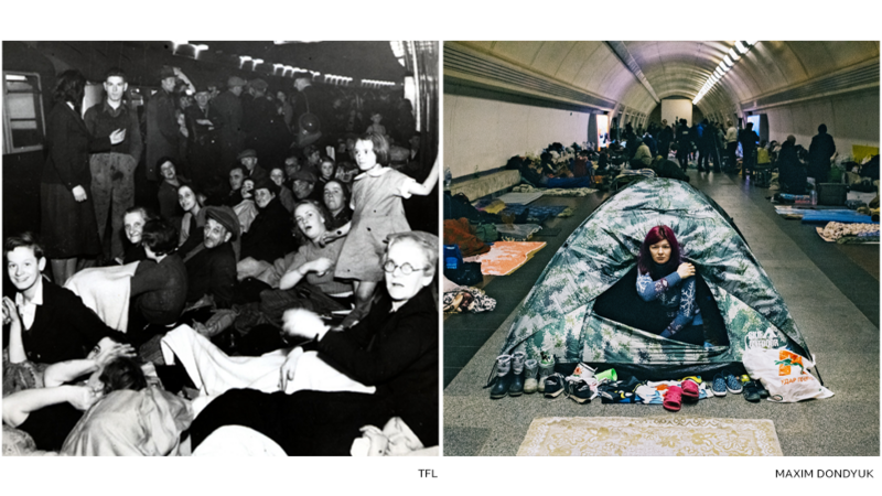 Киев-2022 и Лондон-1940. Как жители на двете столиц се криеха от атаките в метрото.