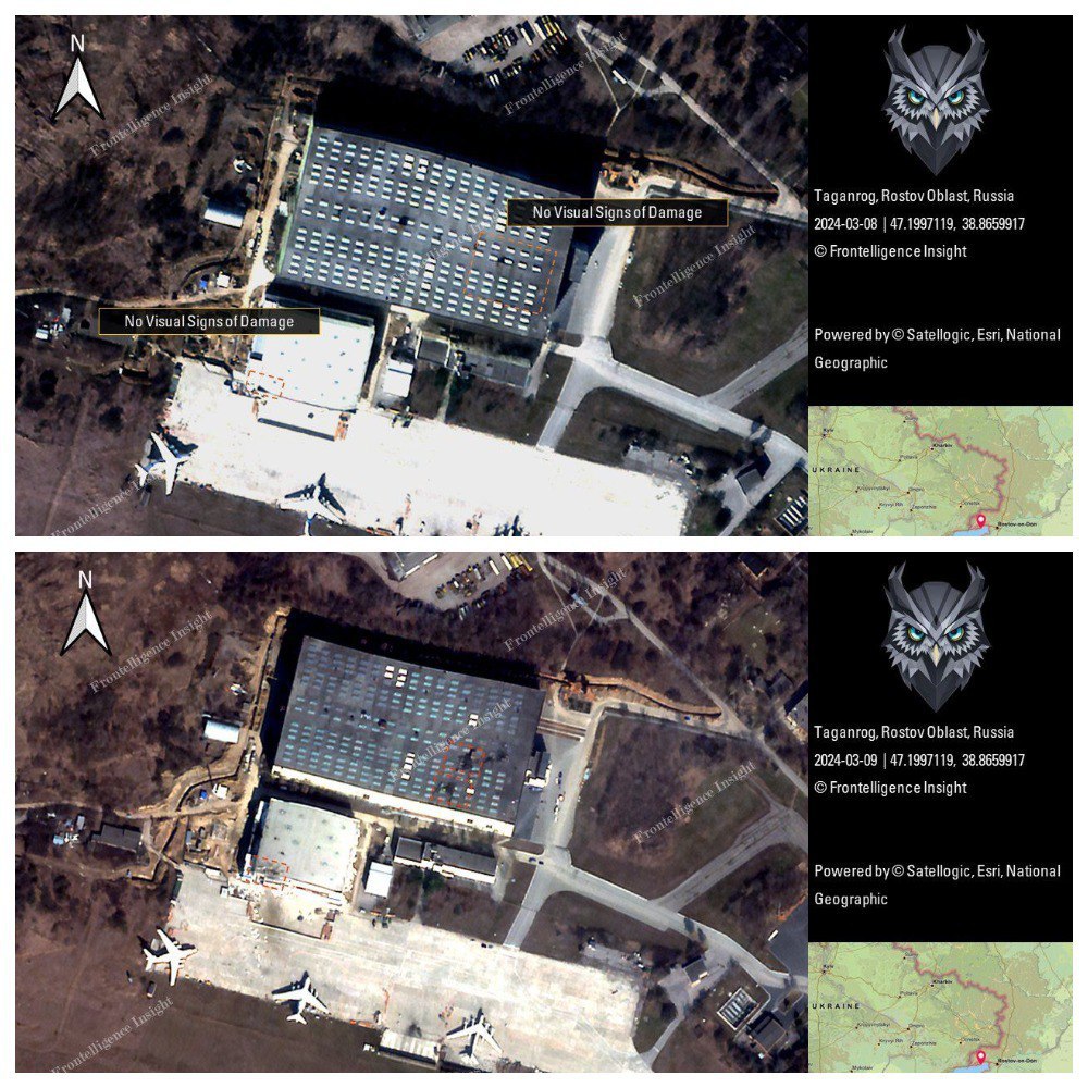 Frontelligence Insight анализира сателитни изображения, за да оцени последствията от атака на украински БЛА срещу авиоремонтен завод в Таганрог