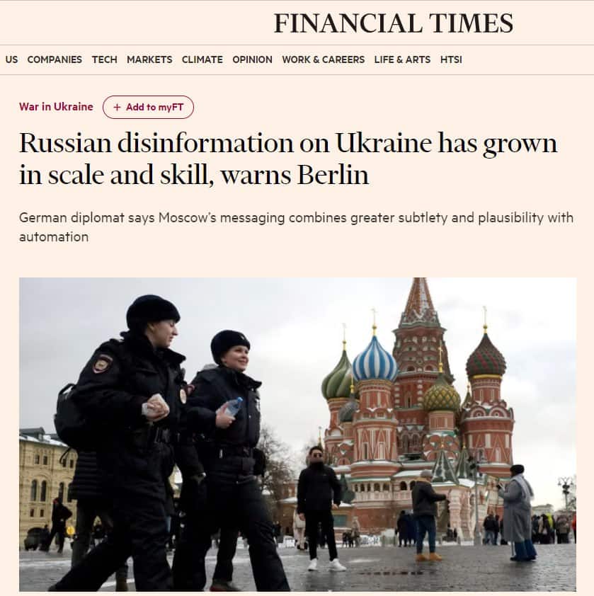 Руските дезинформационни компании, насочени към подкопаване на европейската подкрепа за Украйна, са нараснали значително по мащаб, умения и стелт, предупреди високопоставен германски дипломат.