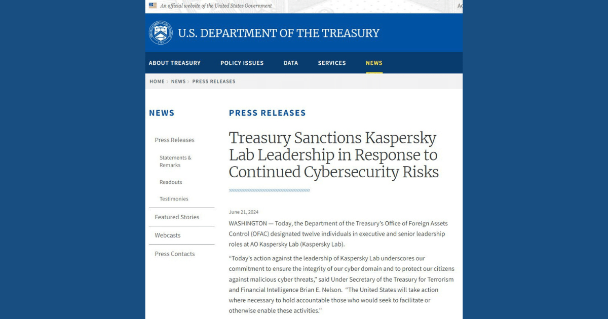 Съединените щати наложиха санкции срещу висшето ръководство на руската Kaspersky Lab – Министерството на финансите на САЩ